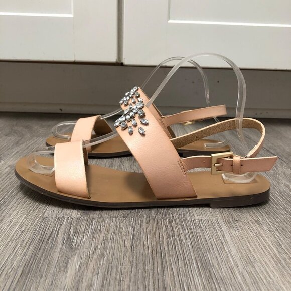 JCrew Women's Size 7 Sandals Crystal Embellished Blush Tan Leather Dual Strap - Picture 3 of 9